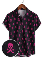 Summer Cotton Short Sleeve Shirt for Men with Pink Punk Rock Skull and Cool Pattern