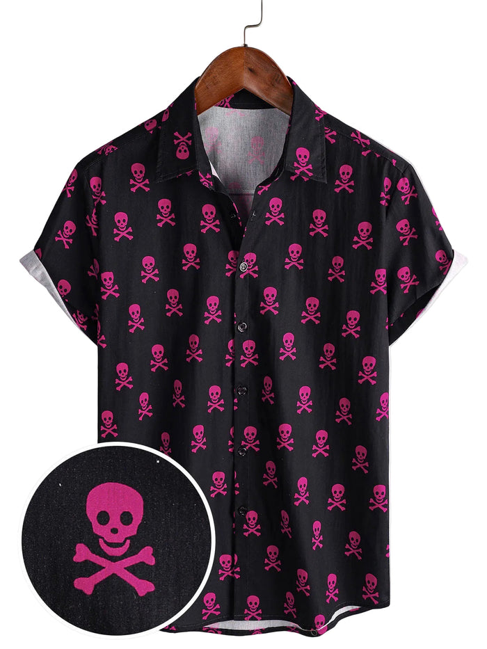 Summer Cotton Short Sleeve Shirt for Men with Pink Punk Rock Skull and Cool Pattern