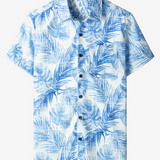 Blue Hawaiian Short Sleeve Shirt with Casual Pocket and Tropical Plant Print