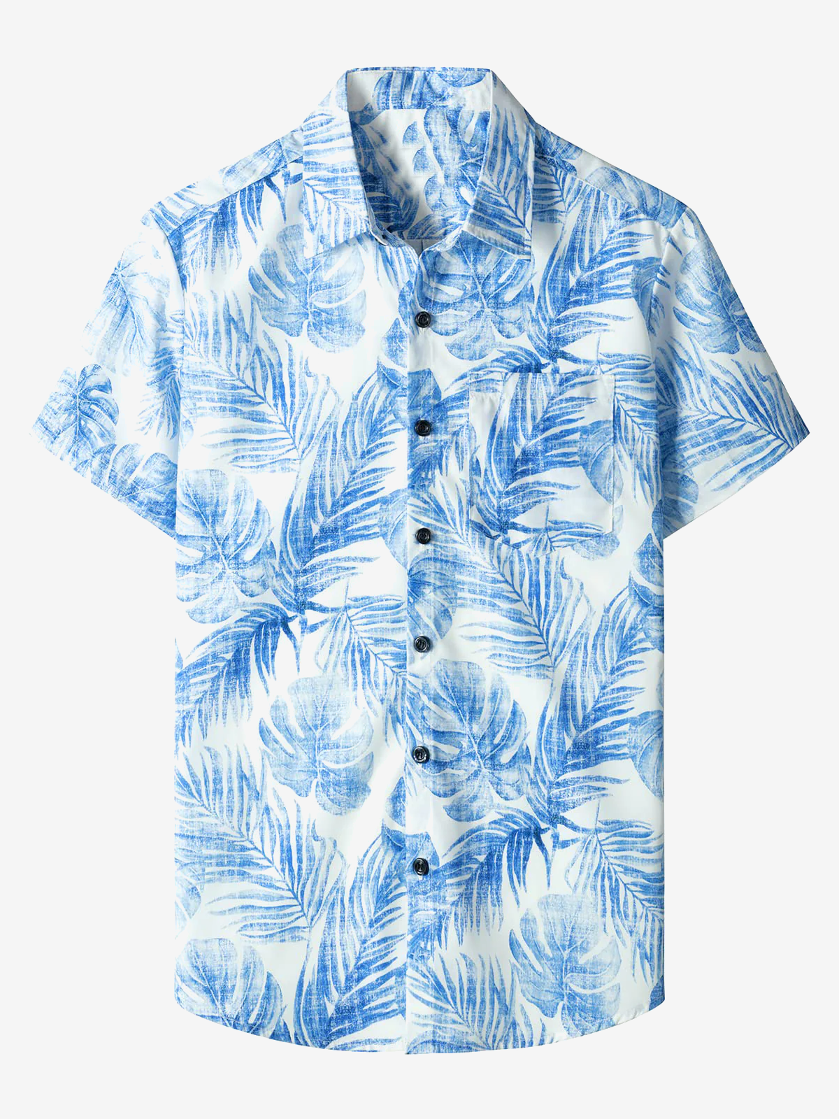 Blue Hawaiian Short Sleeve Shirt with Casual Pocket and Tropical Plant Print