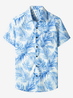 Blue Hawaiian Short Sleeve Shirt with Casual Pocket and Tropical Plant Print