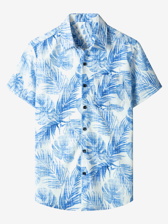 Blue Hawaiian Short Sleeve Shirt with Casual Pocket and Tropical Plant Print