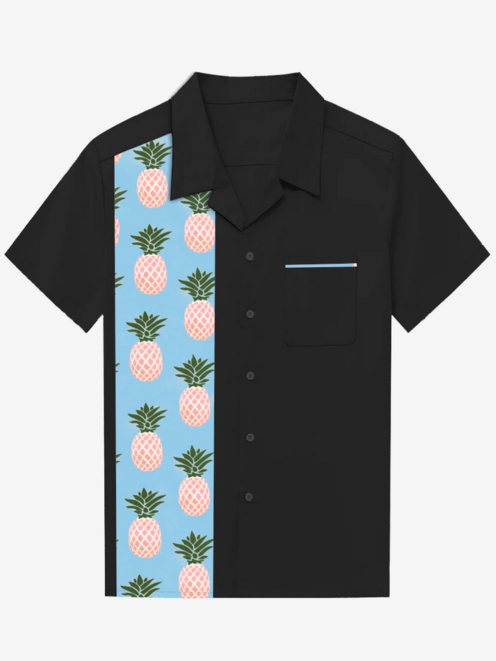Vintage Short-Sleeve Shirt with Fruit and Pineapple Pocket