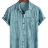 Men's Breathable Cotton Short-Sleeve Shirt with Pocket in Black Stripes