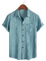 Men's Breathable Cotton Short-Sleeve Shirt with Pocket in Black Stripes