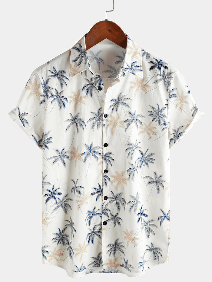 Beach Button-Up Short-Sleeve 100% Hawaiian Palm Print Shirts