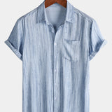 Light Blue Striped Breathable Casual Summer Short Sleeve Shirt