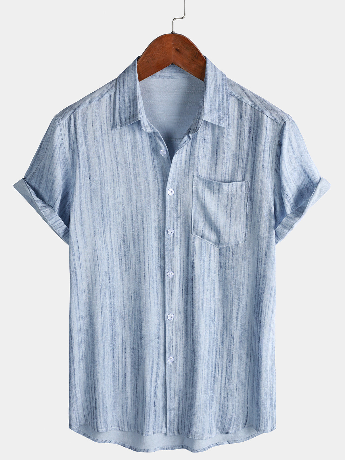 Light Blue Striped Breathable Casual Summer Short Sleeve Shirt