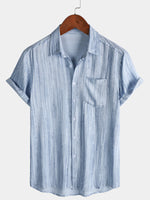 Light Blue Striped Breathable Casual Summer Short Sleeve Shirt