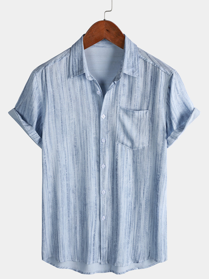 Light Blue Striped Breathable Casual Summer Short Sleeve Shirt