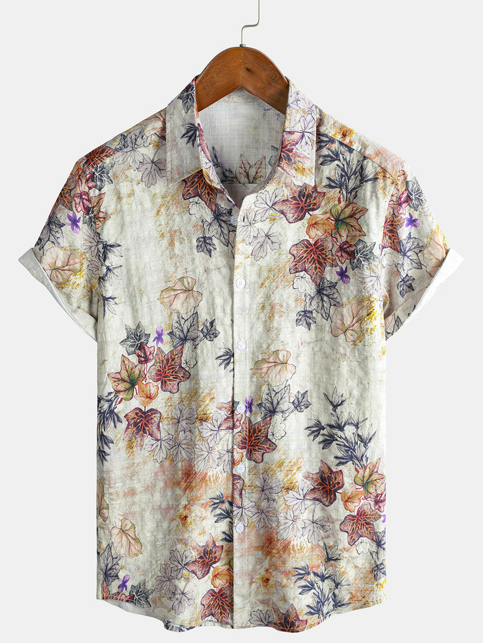 Resort Short Sleeve Watercolor Botanical Leaves Print Shirt