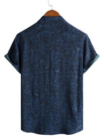 Men's Shirt Short Sleeve Boho Cotton in Navy Color with Geometric Tribal Pattern