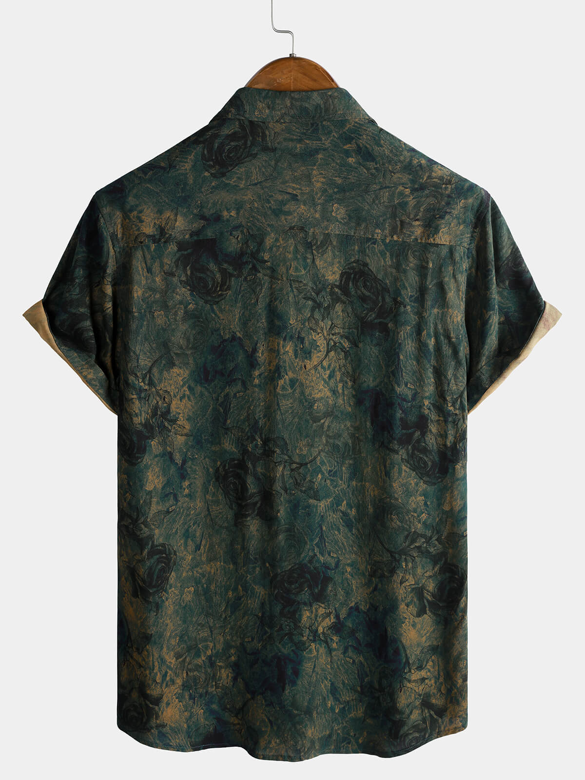 Vintage Green Rose Print Short Sleeve Shirt