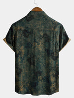 Vintage Green Rose Print Short Sleeve Shirt