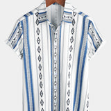 Casual Button-Up Shirt with Retro 1970s Aztec Print and Blue and White Stripes