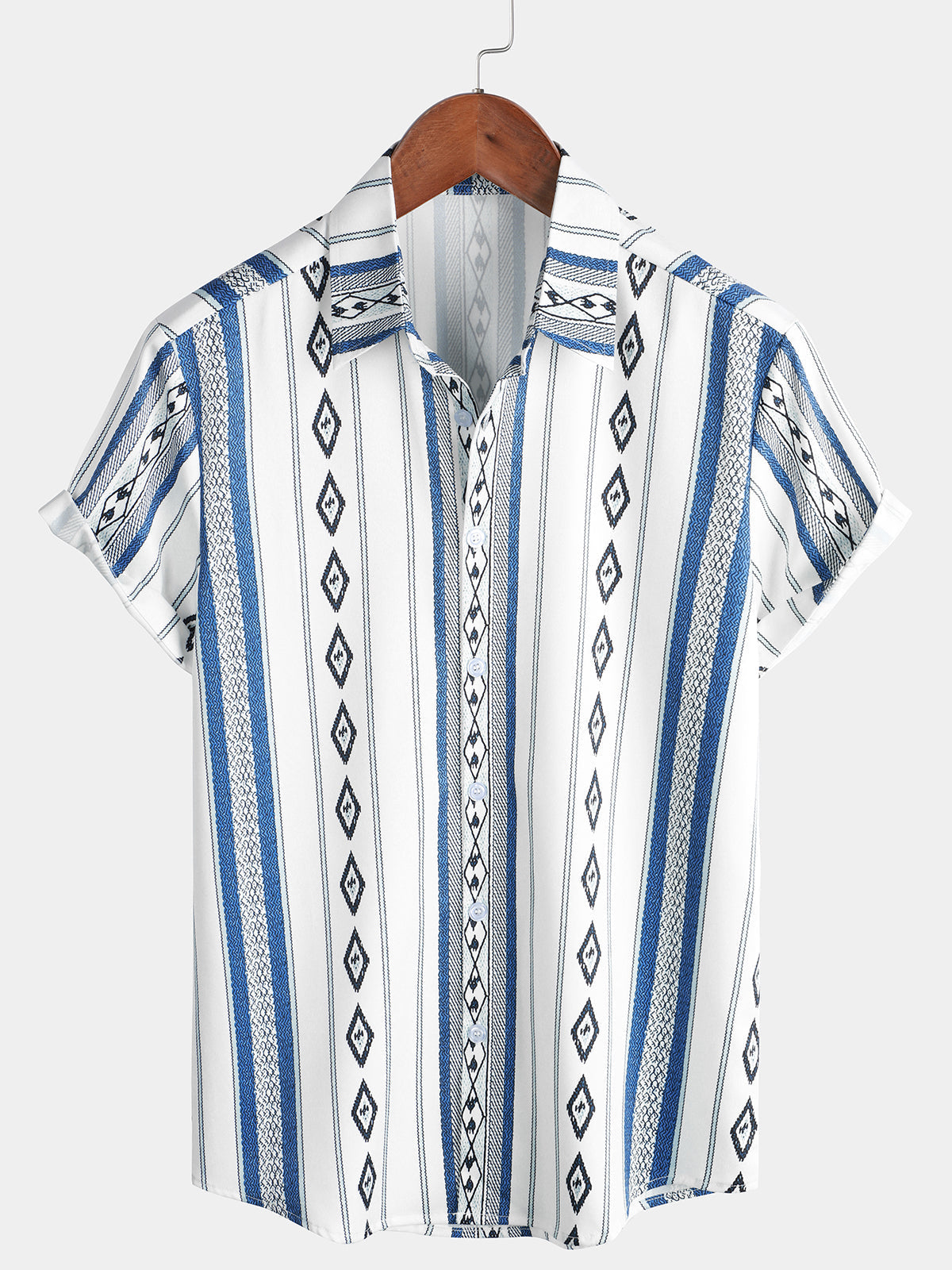 Casual Button-Up Shirt with Retro 1970s Aztec Print and Blue and White Stripes