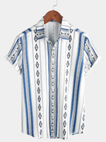 Casual Button-Up Shirt with Retro 1970s Aztec Print and Blue and White Stripes