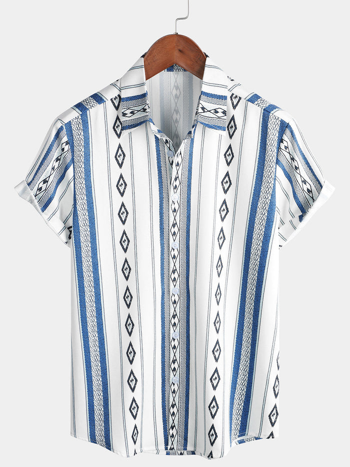 Casual Button-Up Shirt with Retro 1970s Aztec Print and Blue and White Stripes