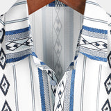 Casual Button-Up Shirt with Retro 1970s Aztec Print and Blue and White Stripes