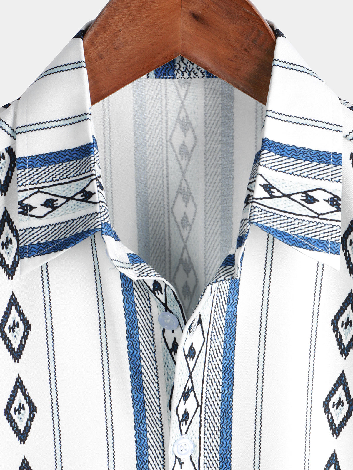 Casual Button-Up Shirt with Retro 1970s Aztec Print and Blue and White Stripes