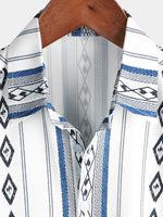 Casual Button-Up Shirt with Retro 1970s Aztec Print and Blue and White Stripes