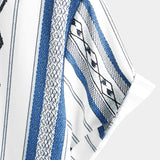 Casual Button-Up Shirt with Retro 1970s Aztec Print and Blue and White Stripes