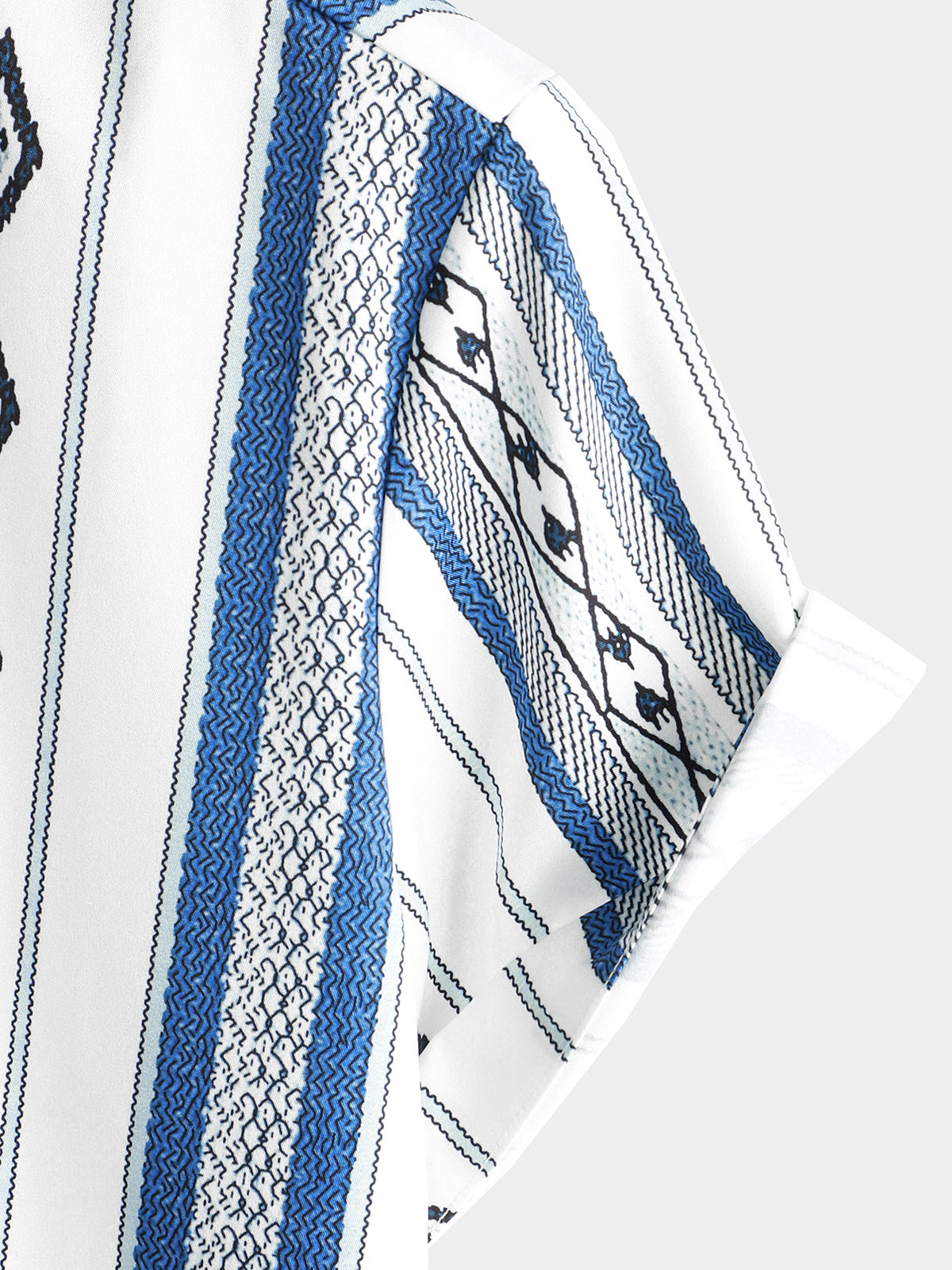 Casual Button-Up Shirt with Retro 1970s Aztec Print and Blue and White Stripes