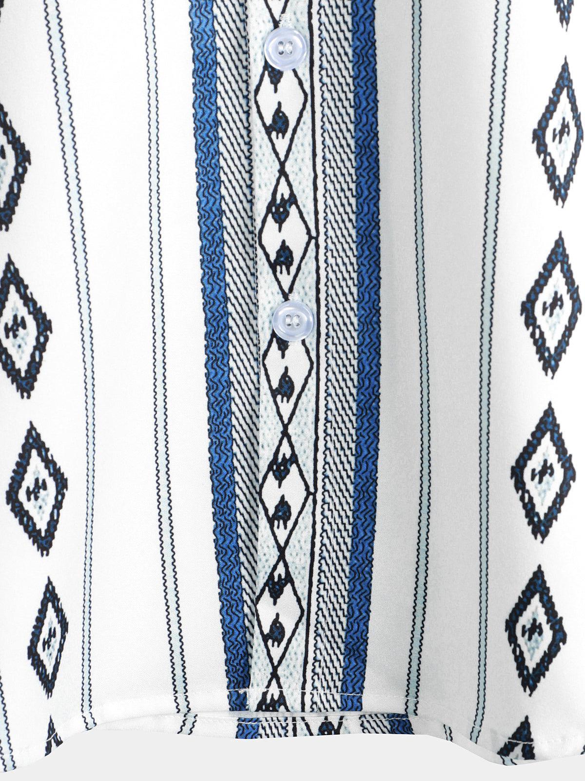 Casual Button-Up Shirt with Retro 1970s Aztec Print and Blue and White Stripes