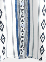 Casual Button-Up Shirt with Retro 1970s Aztec Print and Blue and White Stripes