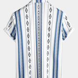 Casual Button-Up Shirt with Retro 1970s Aztec Print and Blue and White Stripes