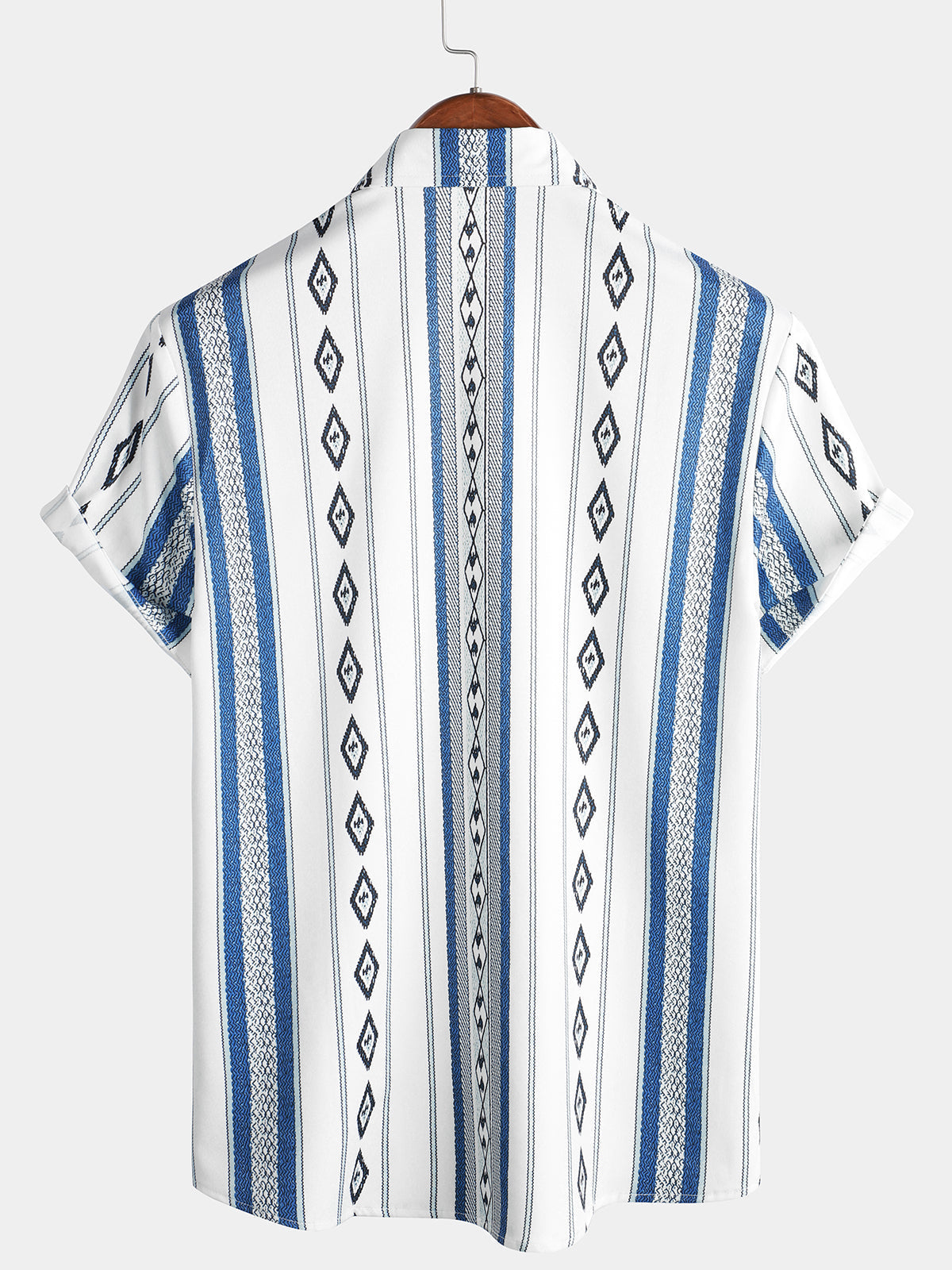 Casual Button-Up Shirt with Retro 1970s Aztec Print and Blue and White Stripes