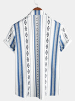 Casual Button-Up Shirt with Retro 1970s Aztec Print and Blue and White Stripes
