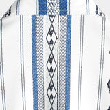 Casual Button-Up Shirt with Retro 1970s Aztec Print and Blue and White Stripes