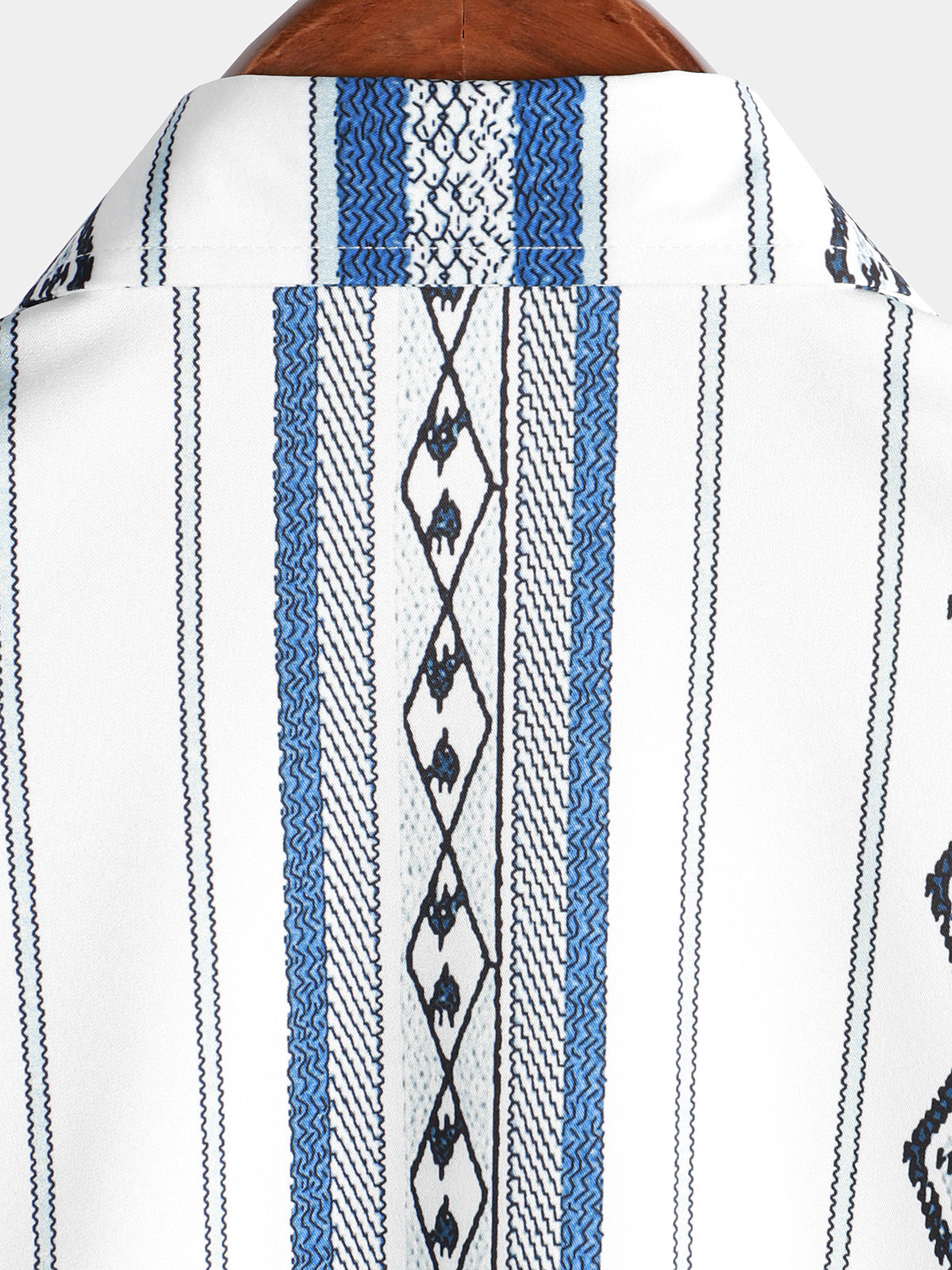 Casual Button-Up Shirt with Retro 1970s Aztec Print and Blue and White Stripes