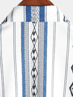 Casual Button-Up Shirt with Retro 1970s Aztec Print and Blue and White Stripes
