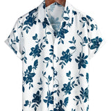 Men's Blue Cotton Shirt with Floral Pattern for Summer with Buttons and Short Sleeve