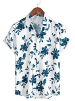 Men's Blue Cotton Shirt with Floral Pattern for Summer with Buttons and Short Sleeve