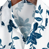 Men's Blue Cotton Shirt with Floral Pattern for Summer with Buttons and Short Sleeve