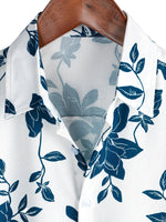 Men's Blue Cotton Shirt with Floral Pattern for Summer with Buttons and Short Sleeve