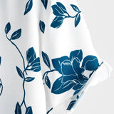 Men's Blue Cotton Shirt with Floral Pattern for Summer with Buttons and Short Sleeve