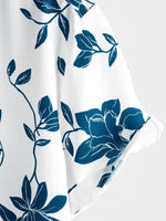 Men's Blue Cotton Shirt with Floral Pattern for Summer with Buttons and Short Sleeve