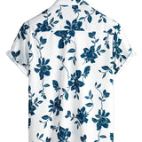 Men's Blue Cotton Shirt with Floral Pattern for Summer with Buttons and Short Sleeve