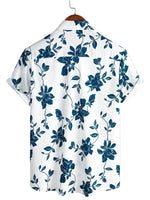 Men's Blue Cotton Shirt with Floral Pattern for Summer with Buttons and Short Sleeve