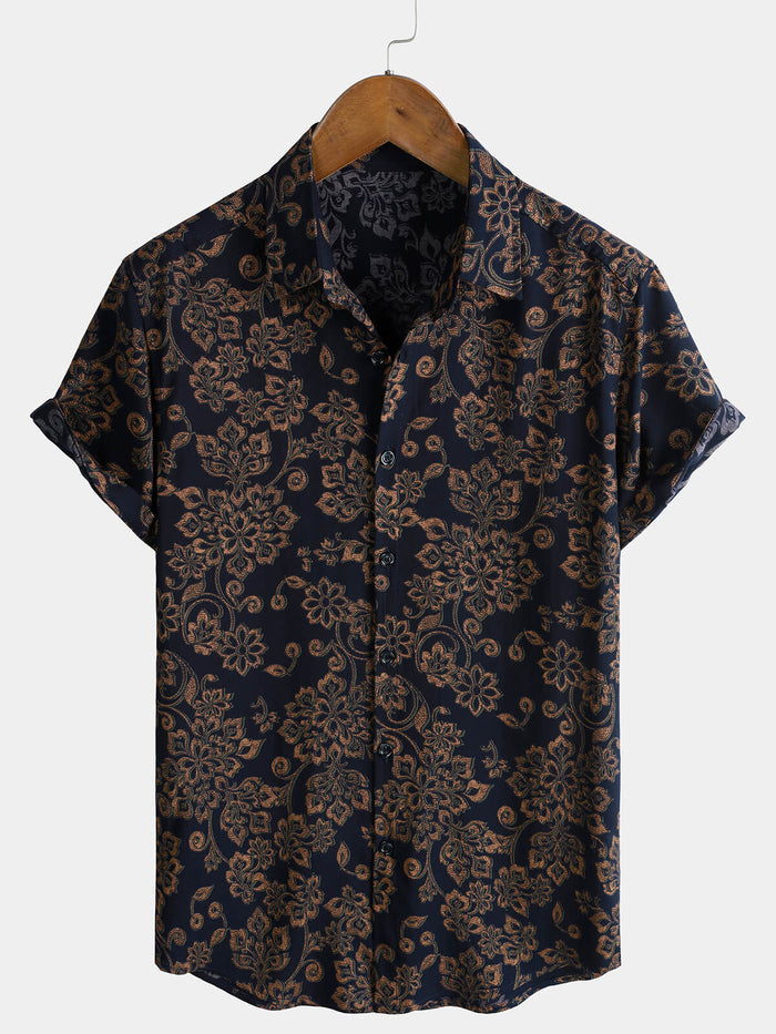 Navy Paisley Print Short Sleeve Retro Bohemian Shirt
