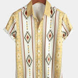 Button-Up Shirt with Retro 1970s Aztec Print and Vertical Stripes