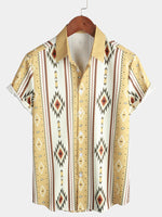Button-Up Shirt with Retro 1970s Aztec Print and Vertical Stripes