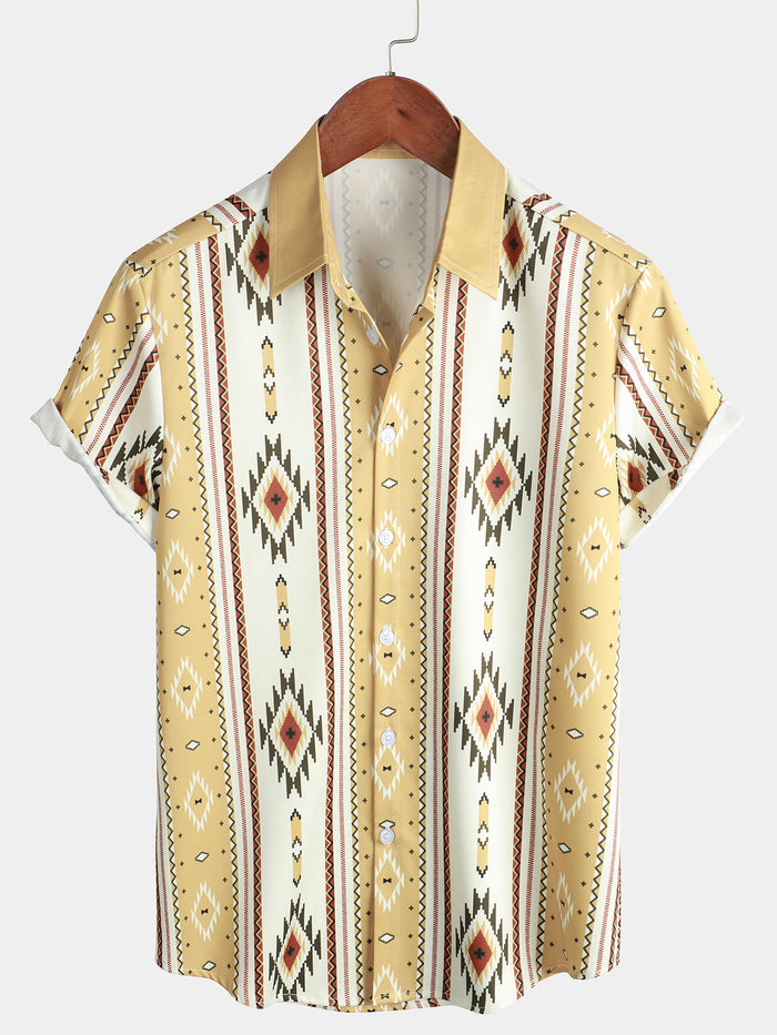 Button-Up Shirt with Retro 1970s Aztec Print and Vertical Stripes