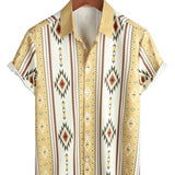 Men's Vintage Vertical Striped Shirt with Short Sleeve in Retro 70s Style with Aztec Pattern