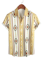 Men's Vintage Vertical Striped Shirt with Short Sleeve in Retro 70s Style with Aztec Pattern