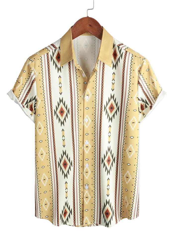 Men's Vintage Vertical Striped Shirt with Short Sleeve in Retro 70s Style with Aztec Pattern